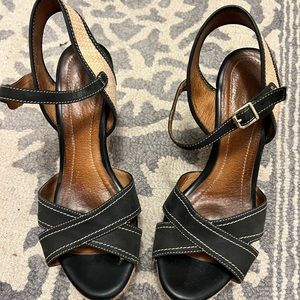 Summer Clarke Platforms! Black Leather Upper Man Made-Roping & Rattan Fabric